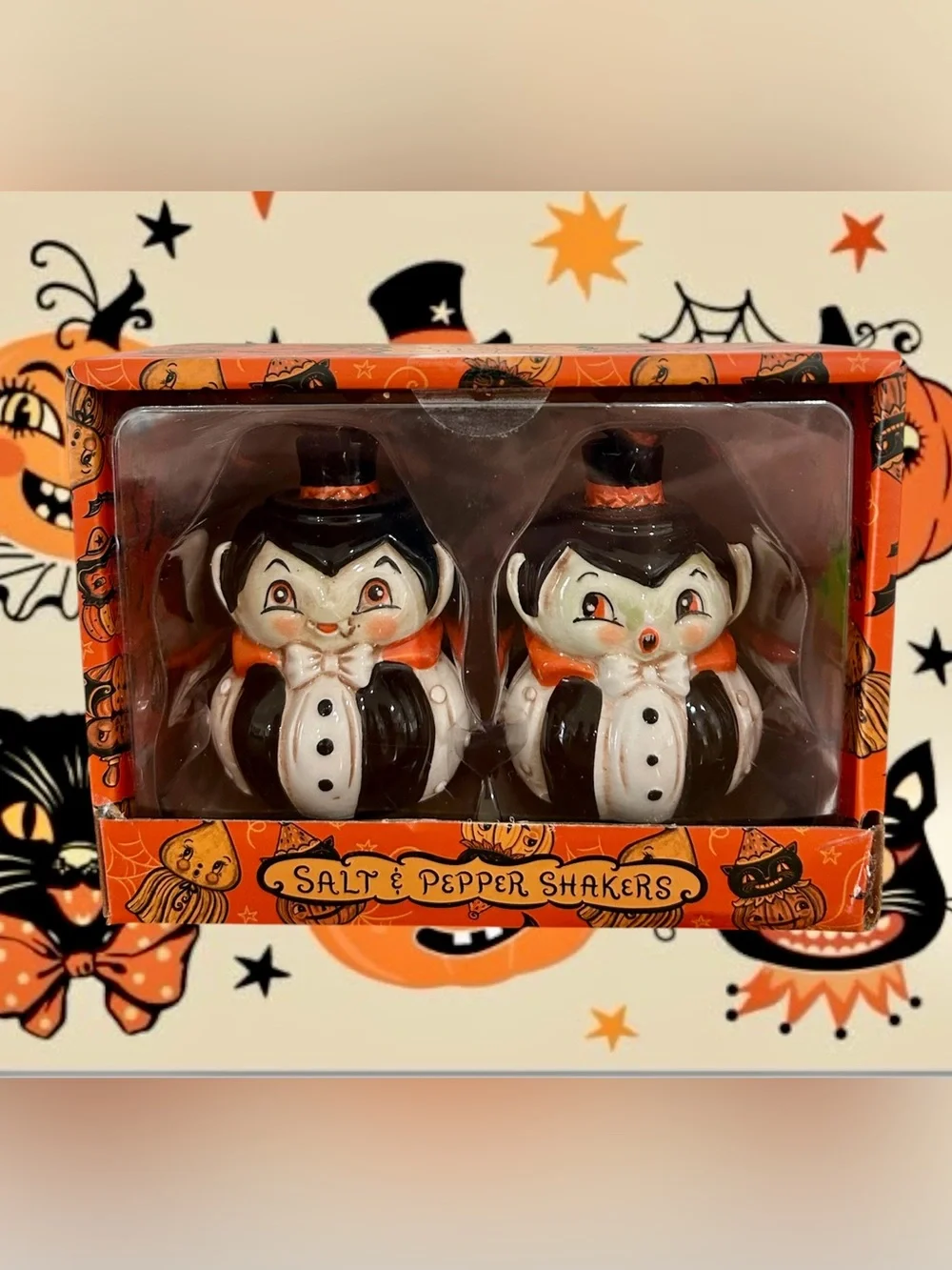 Johanna Parker Little Vampire Orange and Black Vampire Salt & Pepper Shakers